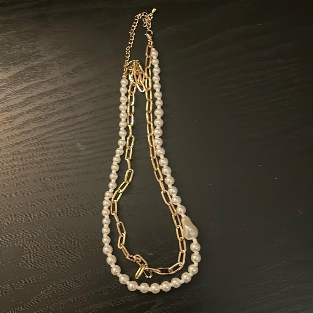 Double Necklace Pearl and Chain